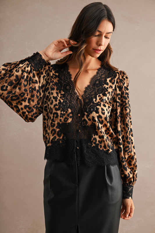 Leopard lace trim top