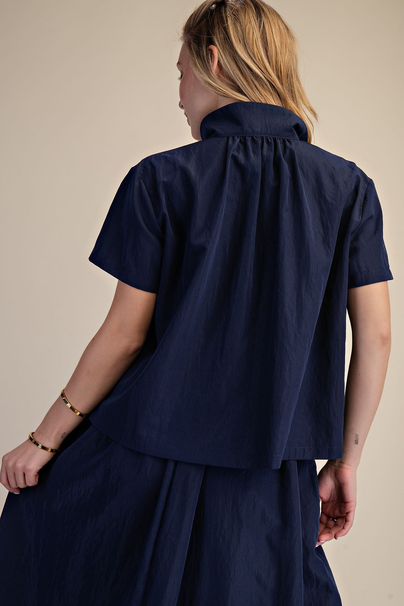 Navy Stand Collar Top