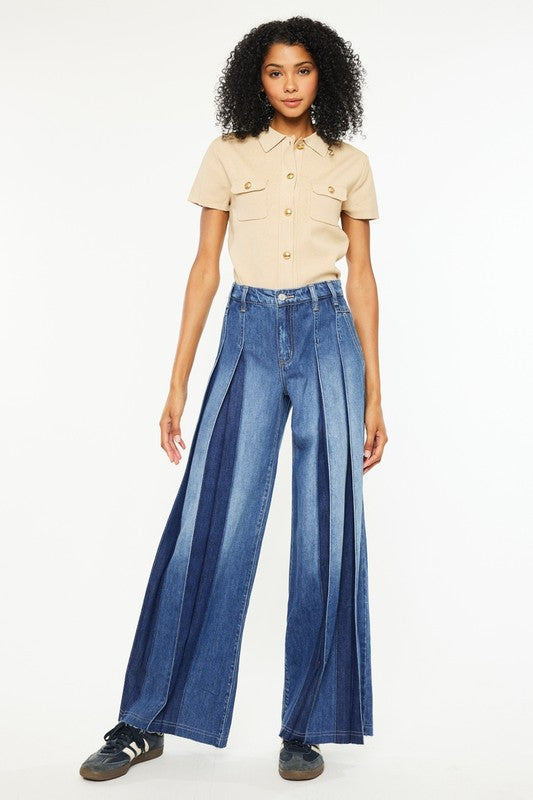 Pleat wide leg jean