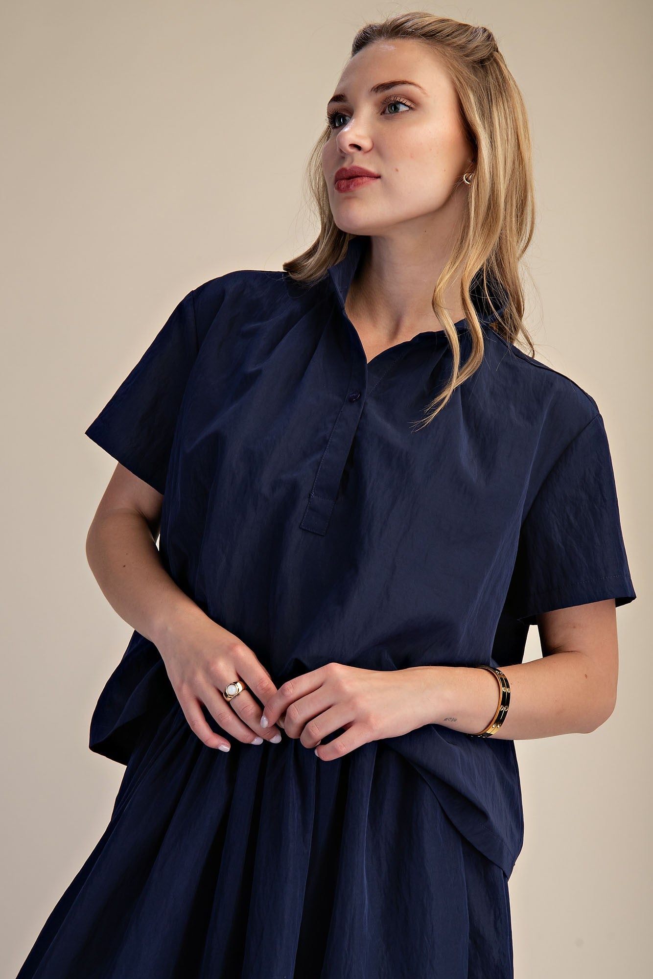 Navy Stand Collar Top