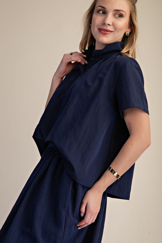 Navy Stand Collar Top
