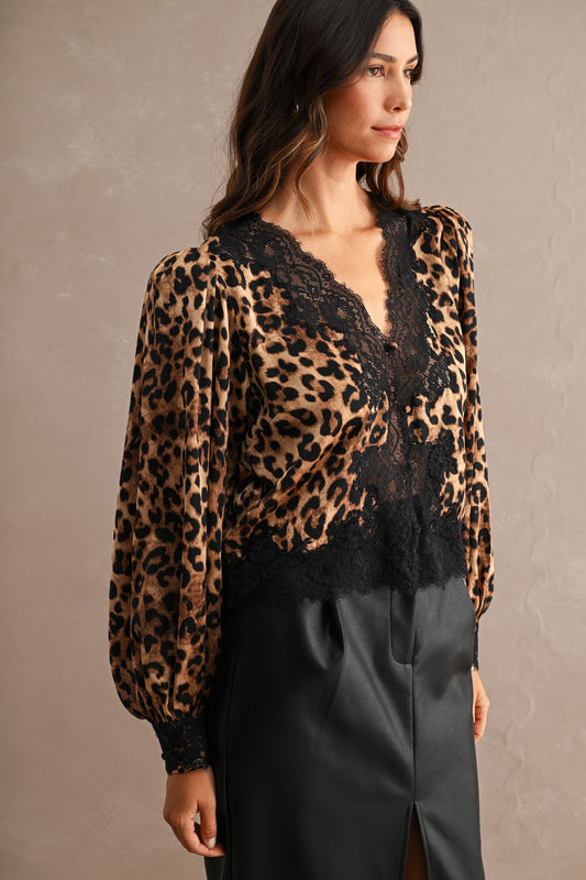 Leopard lace trim top